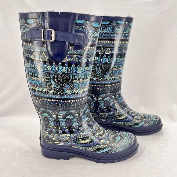 Sakroots One World Blue Elephant Peace Boho Faux Fur Lined Tall Rain Boot Size 7 - Picture 1 of 11